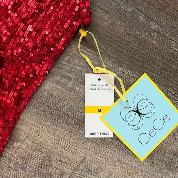 CeCe Sequined V-Neck Cap-Sleeve Red Blouse-Size Medium - Picture 3 of 7